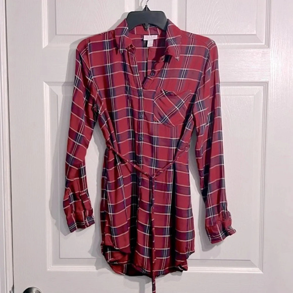 Isabel Maternity Red & Blue Plaid Long Shirt with Removable Tie Belt Size XS - Picture 1 of 7